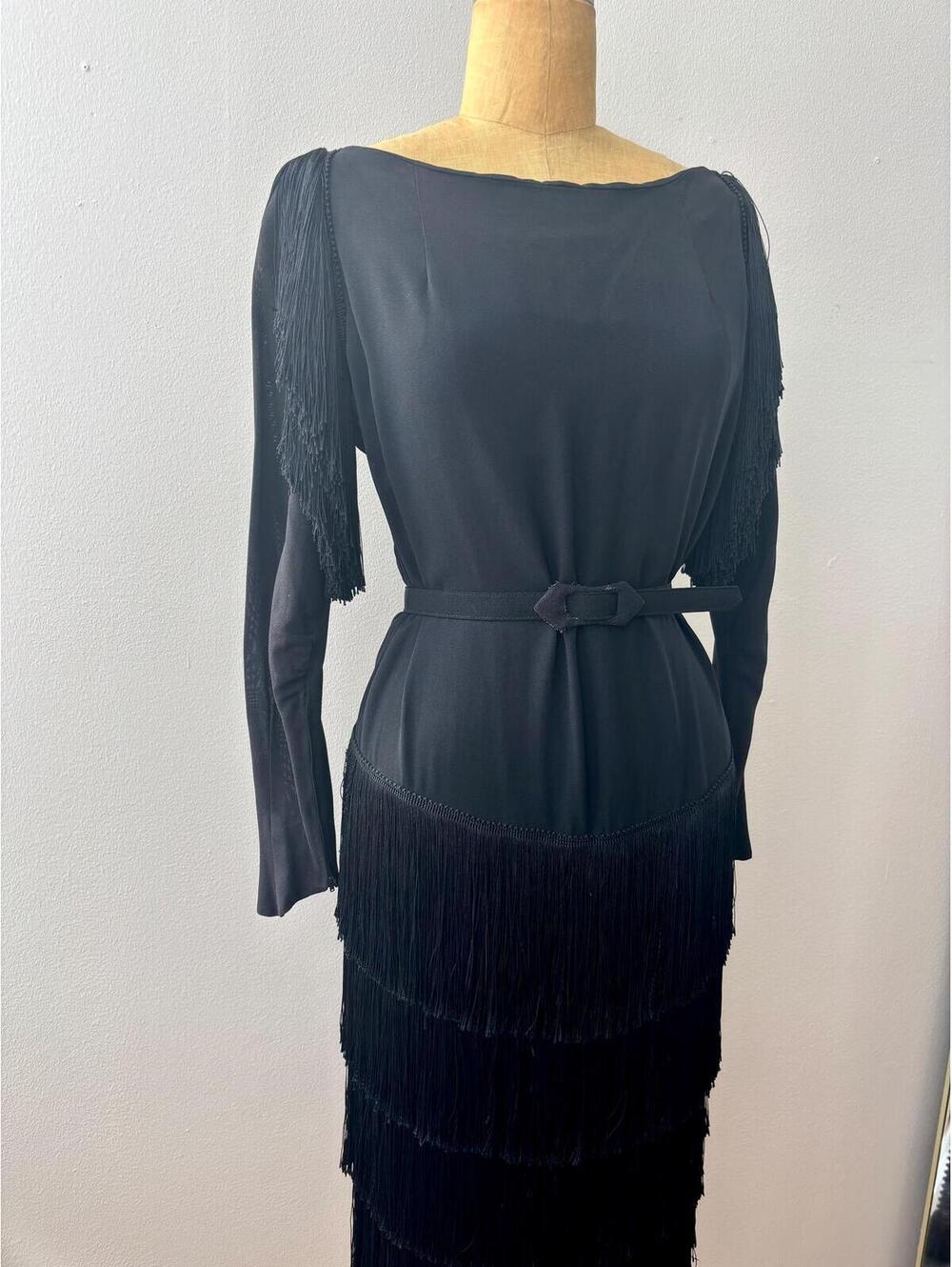 Vintage 1940s Black Belted Fringe Cocktail Dress - Picture 3 of 8